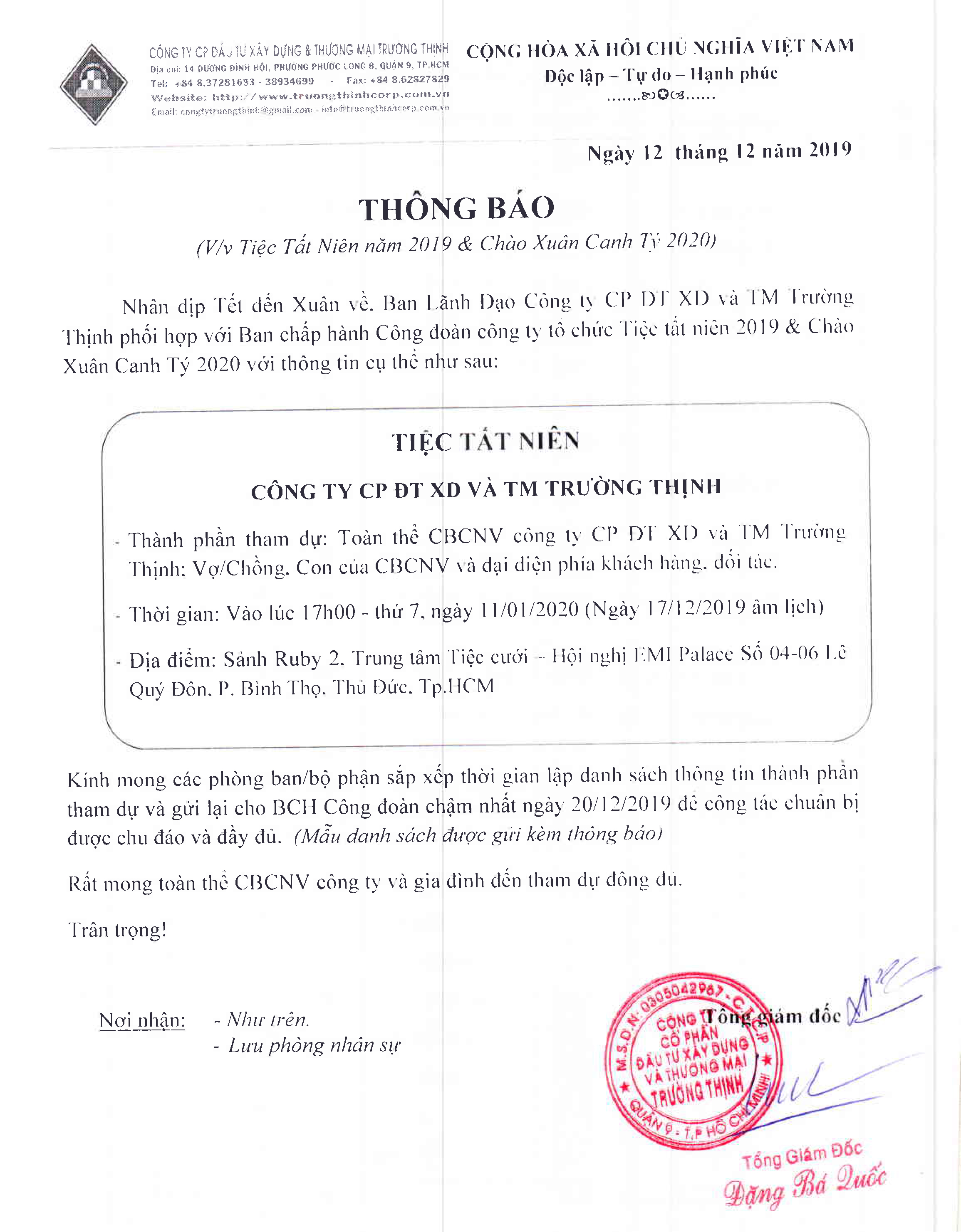 THÔNG BÁO: TIỆC TẤT NIÊN 2019 & CHÀO XUÂN CANH TÝ 2020 - TRƯỜNG THỊNH