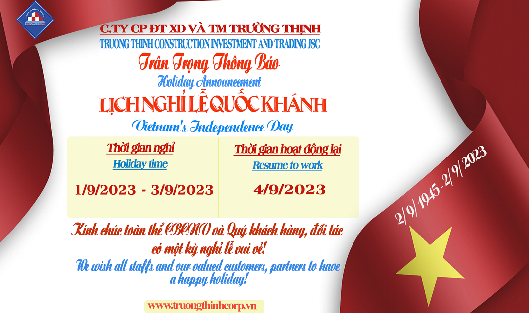 HOLIDAY ANNOUNCEMENT: Vietnam Independence Day 2.9.2023