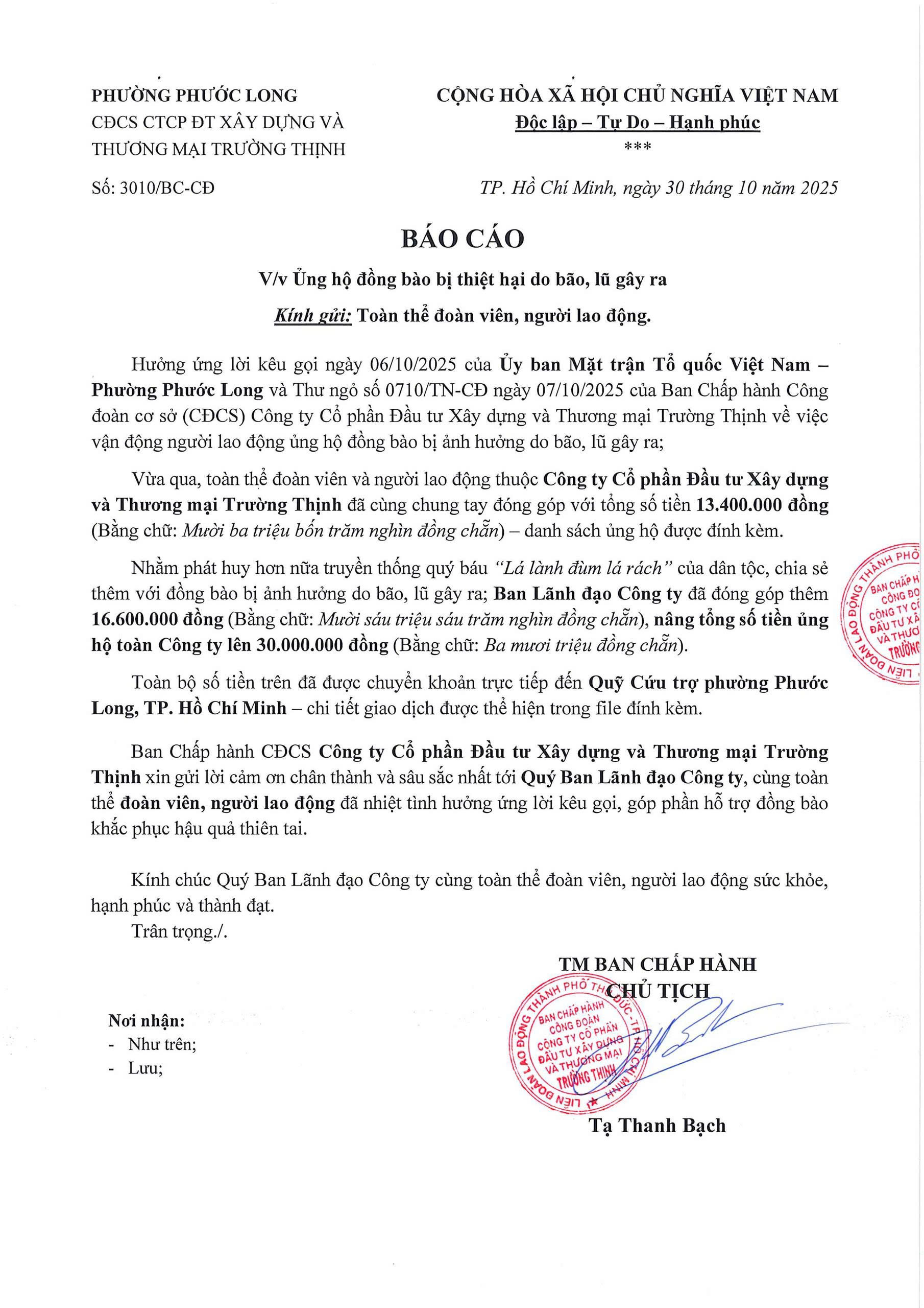 Trường Thịnh chung tay ủng hộ đồng bào bị ảnh hưởng bởi bão số 10