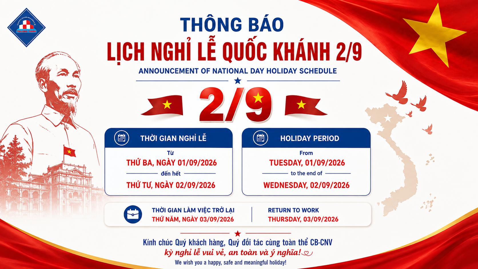 THÔNG BÁO LỊCH NGHỈ LỄ QUỐC KHÁNH 2/9/2026