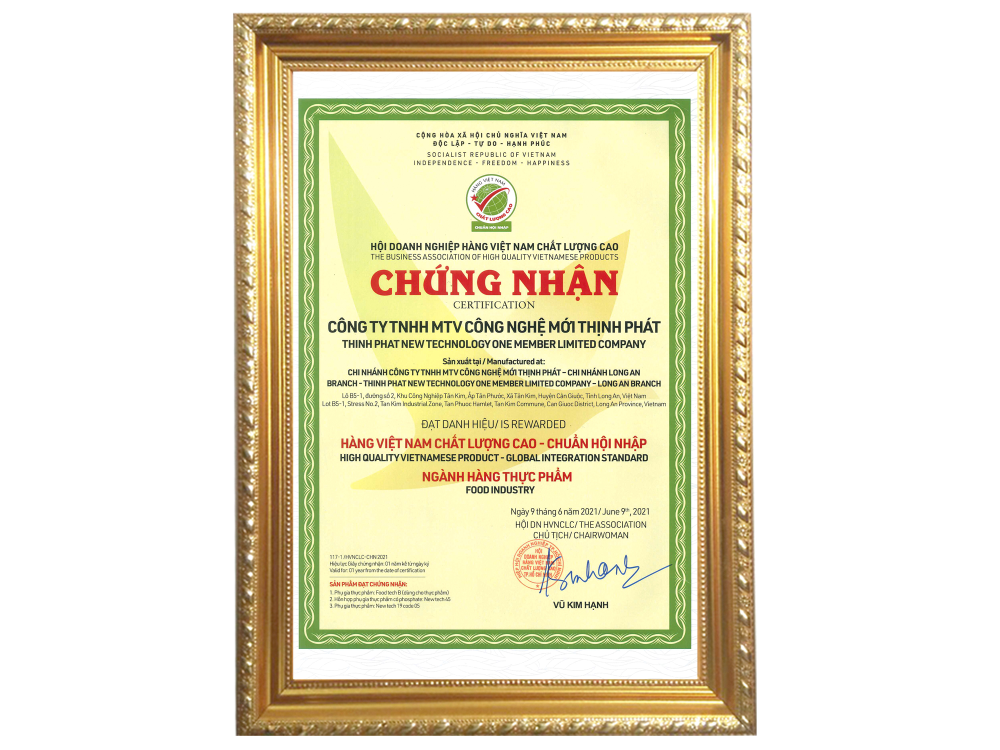 Chứng nhận HCNCLC-CHN của Thịnh Phát